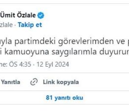 İYİ Parti Genel Başkan Yardımcısı ve İzmir Milletvekili Ümit Özlale partisinden istifa etti