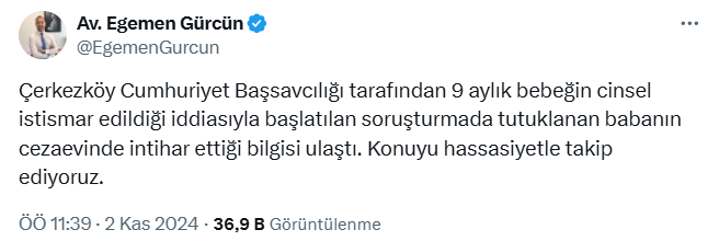 9 aylık bebeğe istismardan tutuklanan baba cezaevinde ölü bulundu