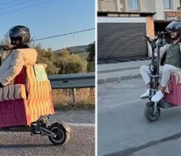 Trafikte ilginç dakikalar: Scooter üzerine koltuk monte etmiş